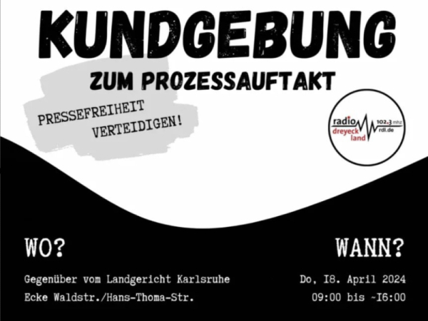 Aufruf zur Kundgebung anlässlich des Prozesses gegen einen Redakteur von Radio Dreyeckland Freiburg